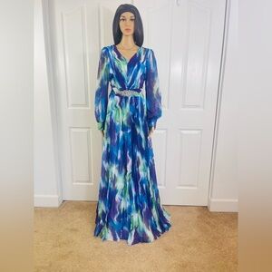 Blue Multi-Color Long Sleeve V-Neck Maxi Dress